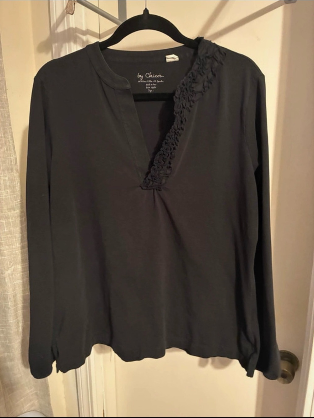 Chico's Cotton Black Long-Sleeve V-Neck Top with Floral Trim